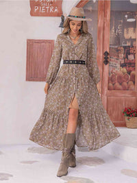 Floral Button Up V-Neck Tiered Casual  Long Sleeve Maxi Dress