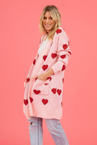 Heart Graphic Open Front Cardigan with Pockets Fashion Sweater