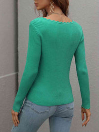 Long Sleeve Shirt Women's V-Neck Ribbed Knit Top