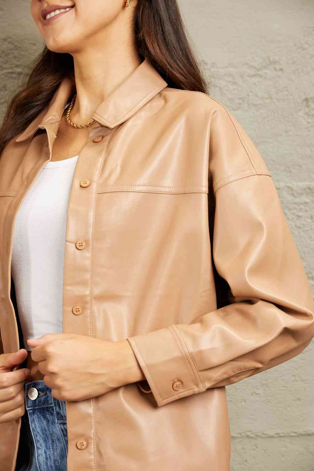 Vegan Leather Button Down Shirt Jackets & Coats