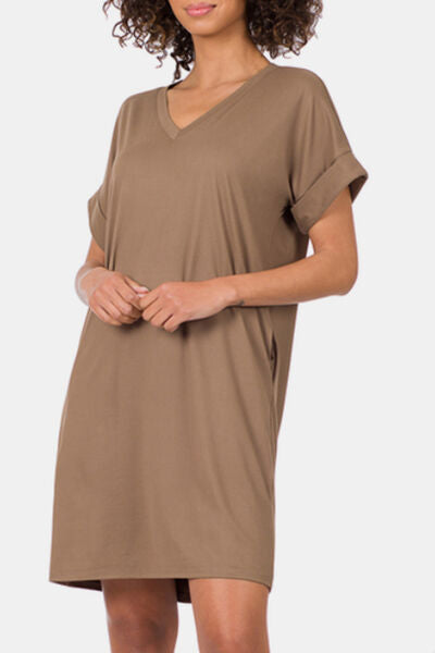 KESLEY Rolled Short Sleeve Casual V-Neck T Shirt Dress