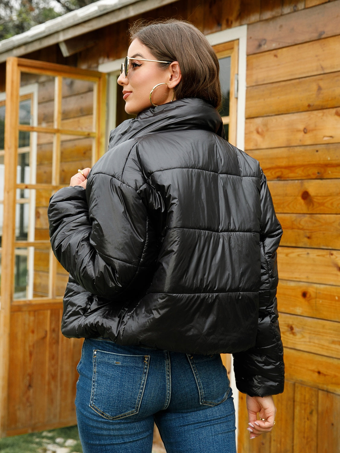 Womens Black Zip-Up High Neck Puffer Jacket 100% Nylon