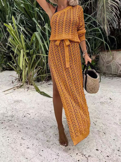 Swimsuit Cover-up Slit Openwork Single Shoulder Knit Dress