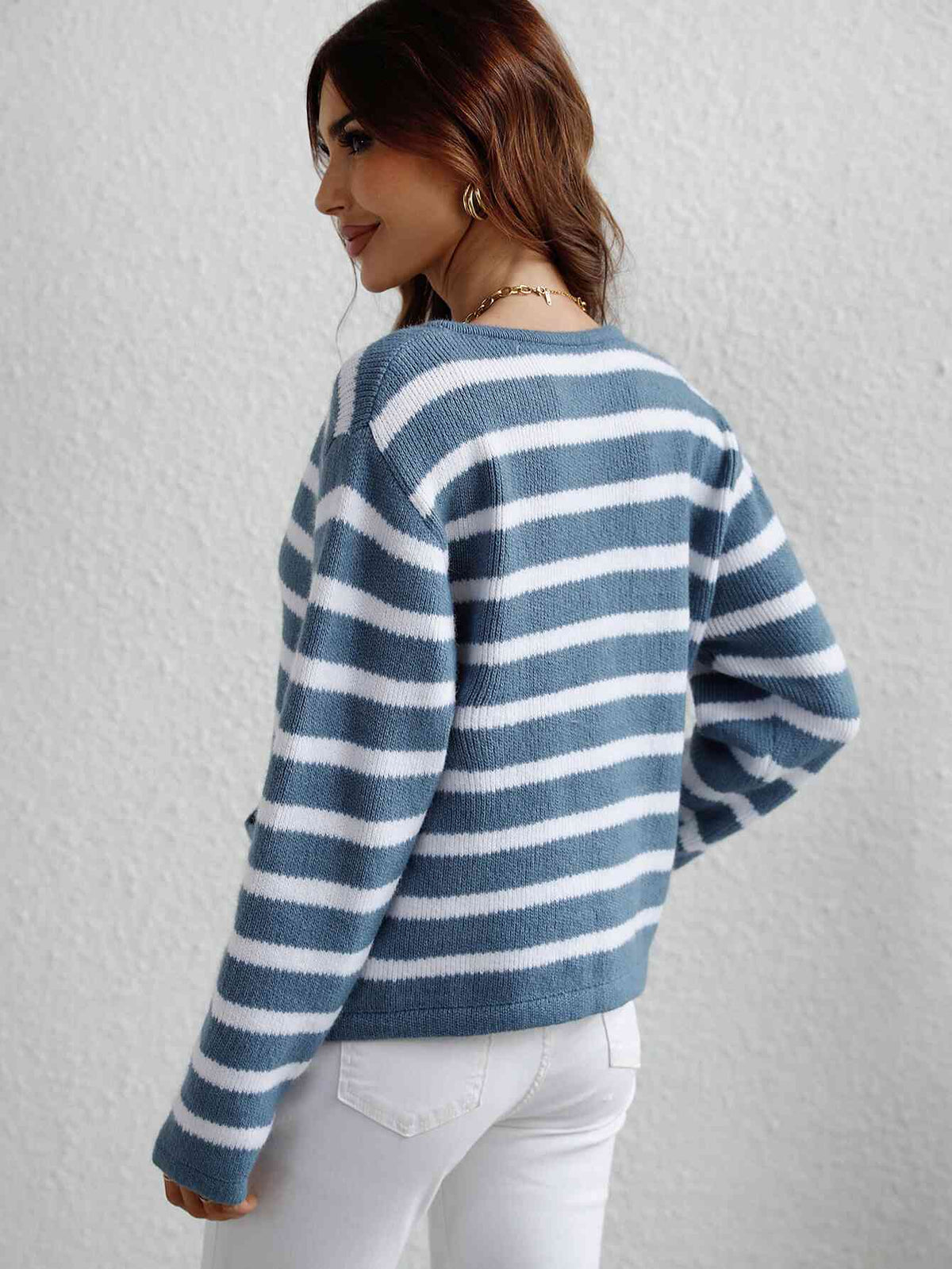 Womens Open Sweater with Buttons Striped Button Front Cardigan