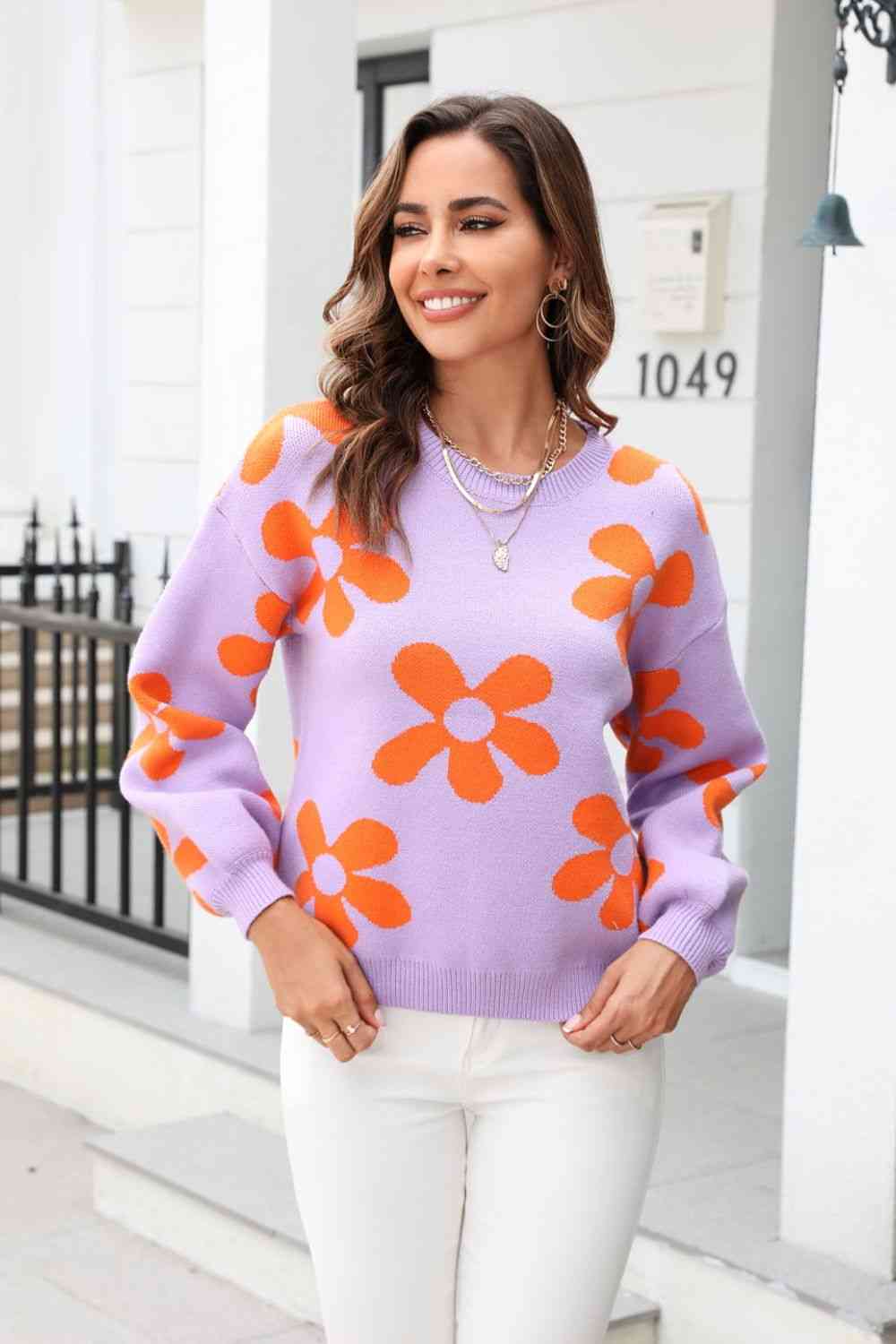 Floral Print Round Neck Dropped Shoulder Pullover Fashion Sweater