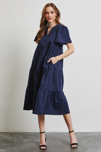 Cotton Short Sleeve Midi Dress Women's Fashion Navy Blue Casual Poplin Ruffle Tiered Midi Dress Petite and  Plus Size Fashion