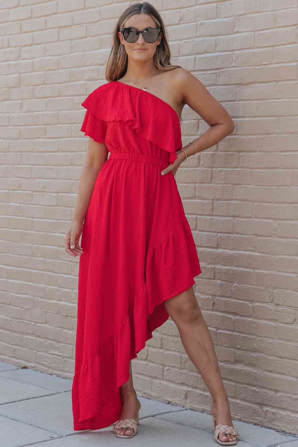 Women's Sexy Casual Sundress One-Shoulder Asymmetrical Red Maxi Dress