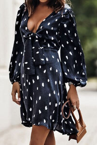 Polka Dot Dress Bow Printed V-Neck Balloon Sleeve Short Dress, Trending New Fashion