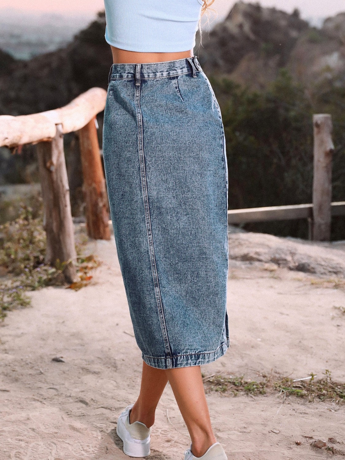 Women's Jean Denim Skirt Button Down High Slit Versatile Fashion Cotton