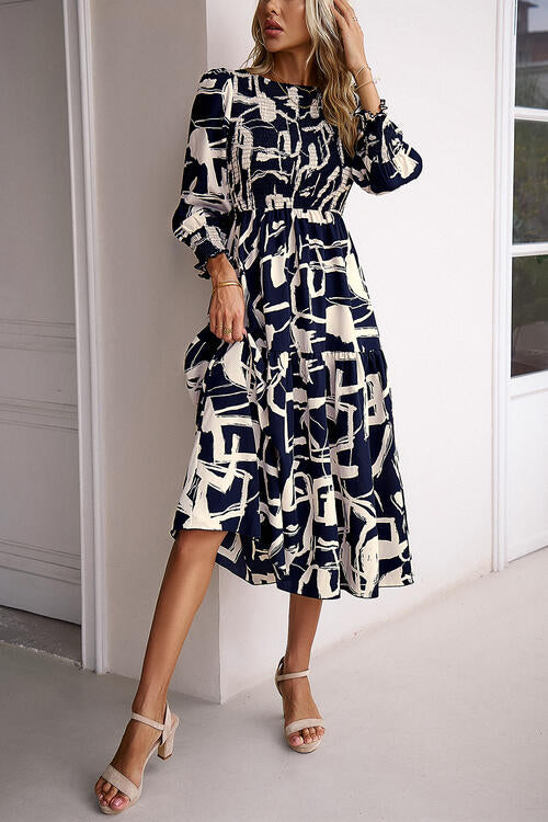 Long Sleeve Printed Smocked Ruffle Hem Midi Loose Fit Midi Dress