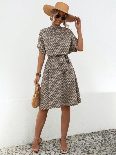 Waist Tied Black and White Printed Mock Neck Short Sleeve Dress