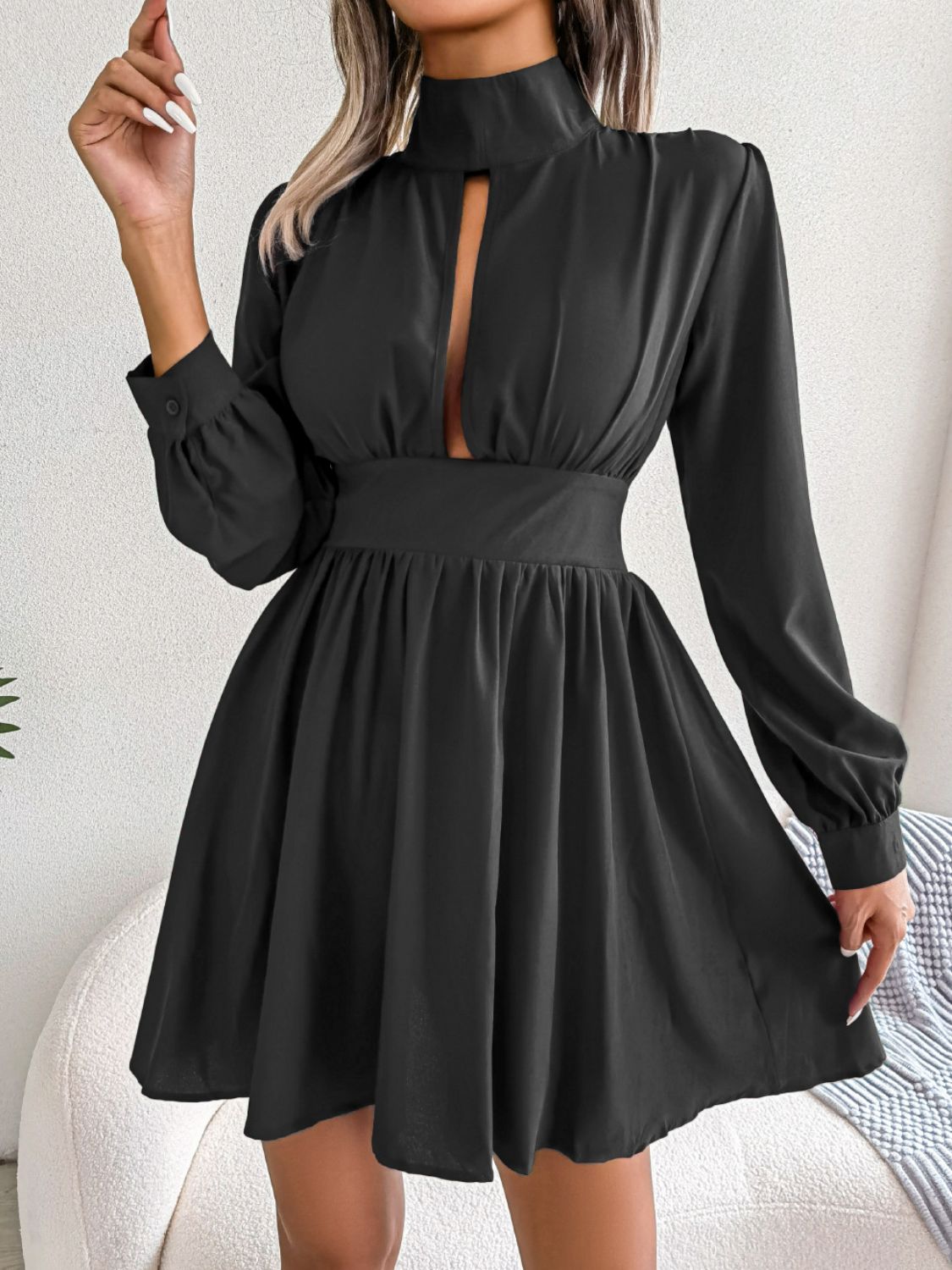 Cutout Turtleneck A-Line Long Sleeve Mini Dress