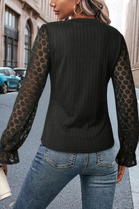 Lace Mesh Flounce  Long Sleeve Sleeve Ribbed Blouse