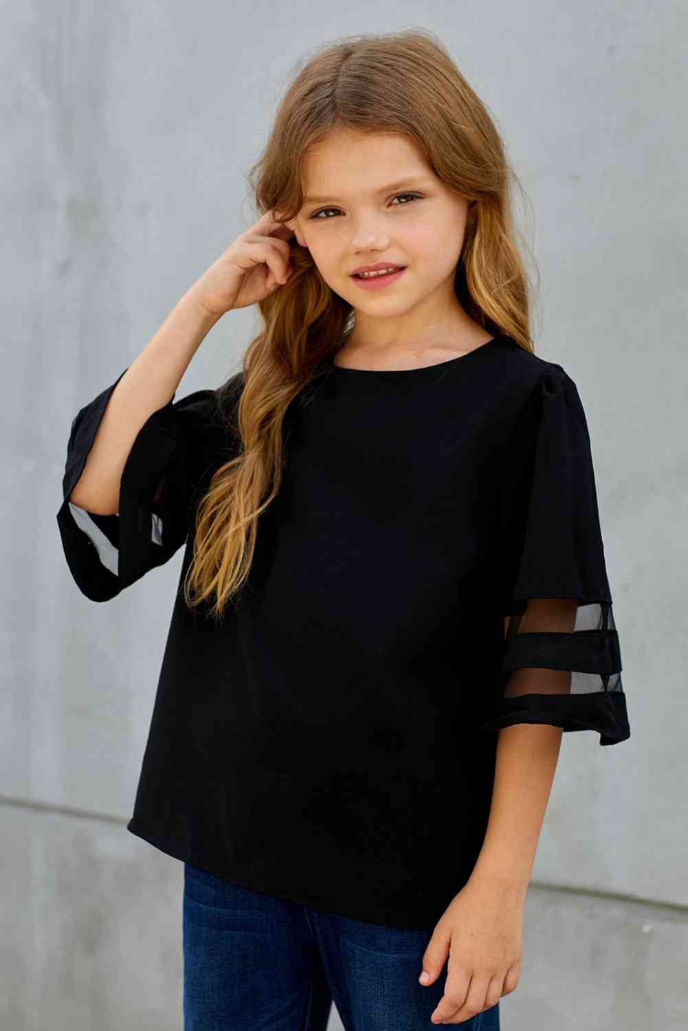 Girls Sheer Striped Flare Sleeve Tee Shirt Kid's Fashion