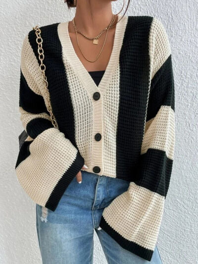 Striped Button Up Cardigan Fashion Open Sweater