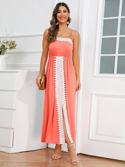 Womens Casual Slit Lace Detail Vacation Holiday Spaghetti Strap Long Maxi Dress