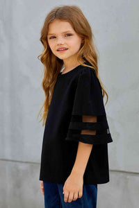 Girls Sheer Striped Flare Sleeve Tee Shirt Kid's Fashion