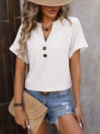 Eyelet Notched Short Sleeve T-Shirt Women's Shirts