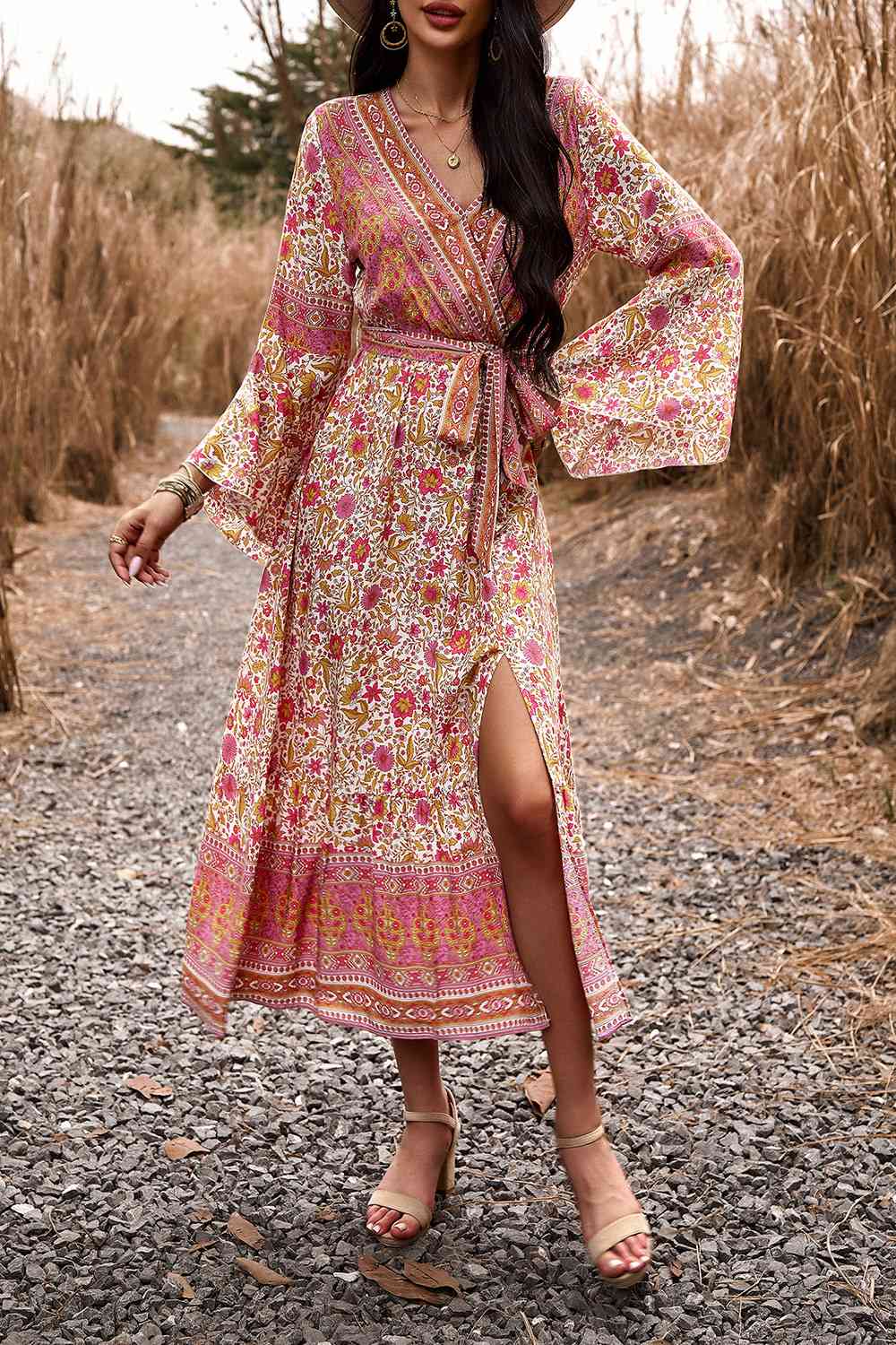 Bohemian Surplice Neck Slit Dress