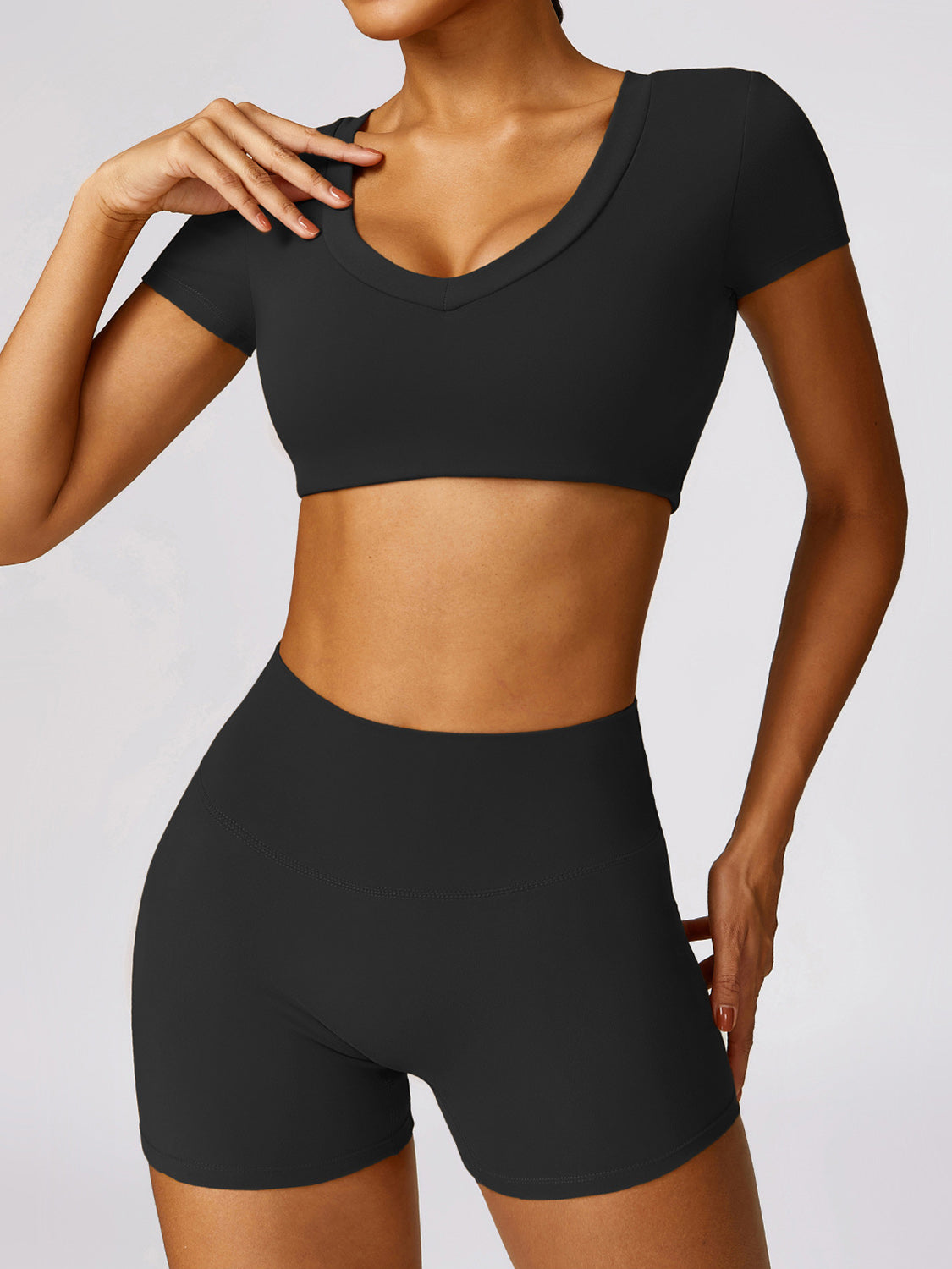 Matching Yoga Outfit Set Women's Crop top and shorts leggings Gym Clothes Scoop Neck Short Sleeve Cropped Active T-Shirt