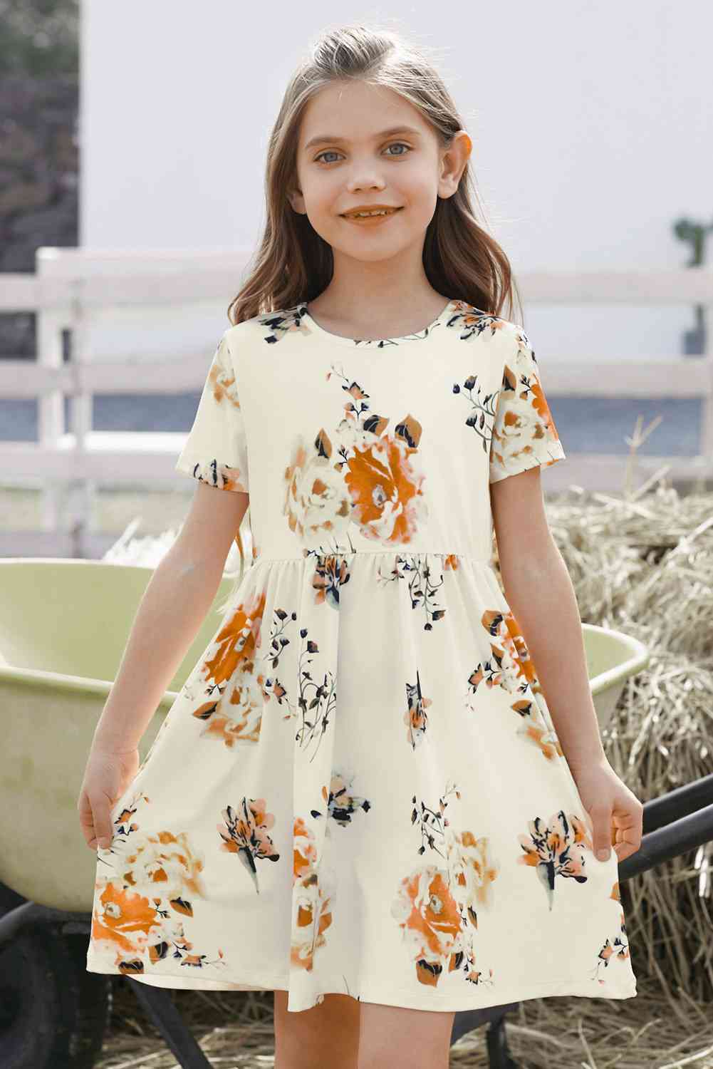 Girls Floral Short Sleeve Round Neck Dress Kids Fashion Clothing