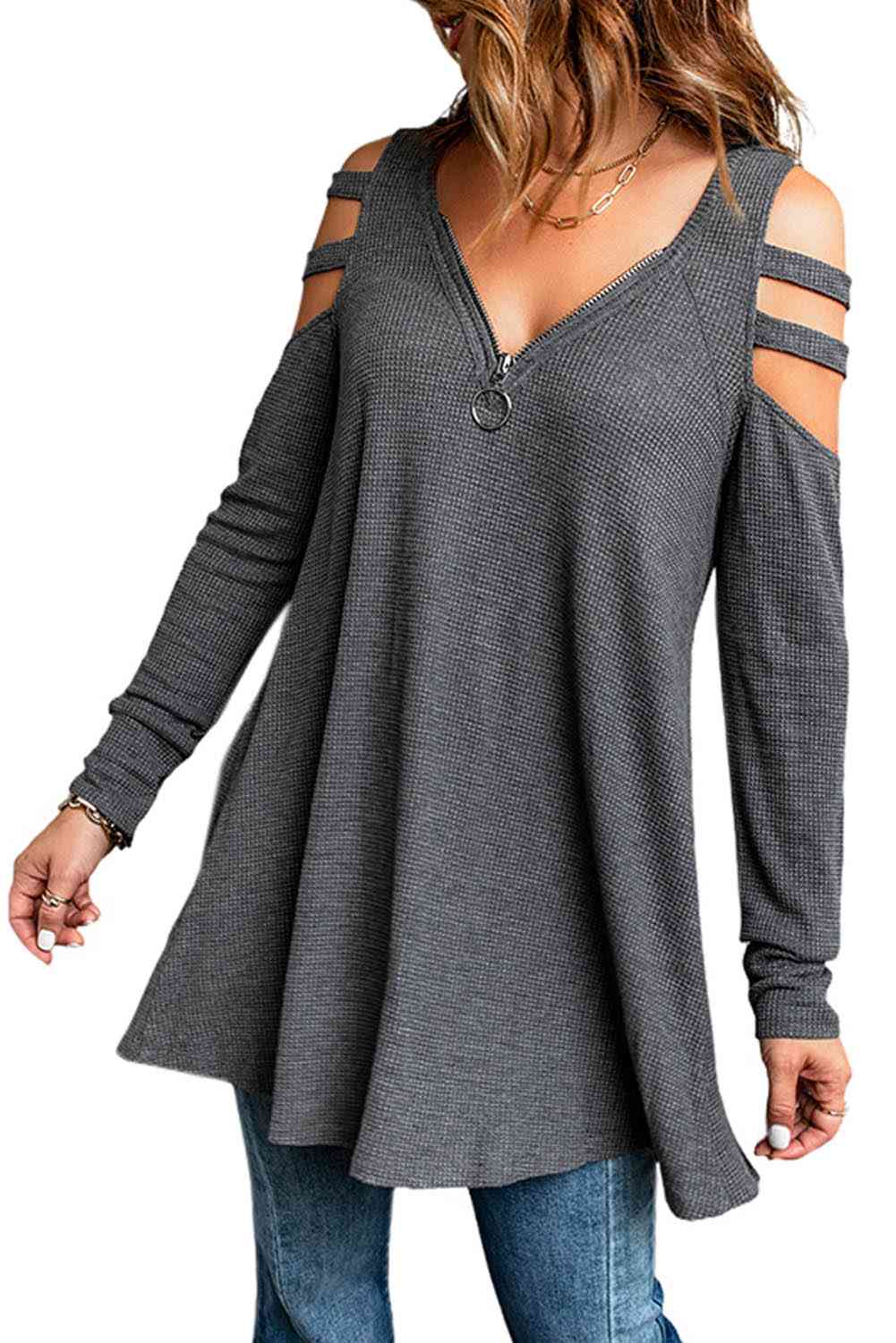 Ladies Casual Shirt Cut Out Waffle Knit Tunic Top