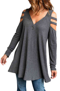 Ladies Casual Shirt Cut Out Waffle Knit Tunic Top