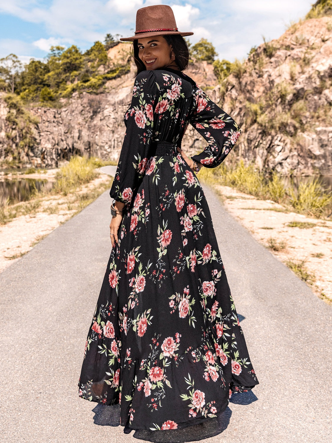 Floral V-Neck Split Long Sleeve Casual Maxi Dress