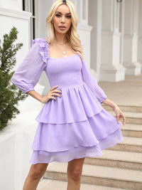 Ruffle Skirt Dress Off The Shoulder Casual Women's Fashion Smocked Elastic Waist Square Neck Layered Dress