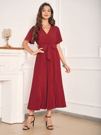 Red Pleated Surplice Short Sleeve Tie Waist Midi Dress