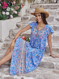 Womens Casual Boho Ruffled Printed Tie Neck Cap Sleeve Dress