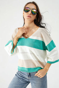 Color Block V-Neck Dropped Shoulder Sweater Shirt