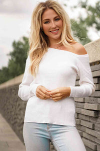 White One-Shoulder Sleeve Shirt Long Sleeve Ribbed Top