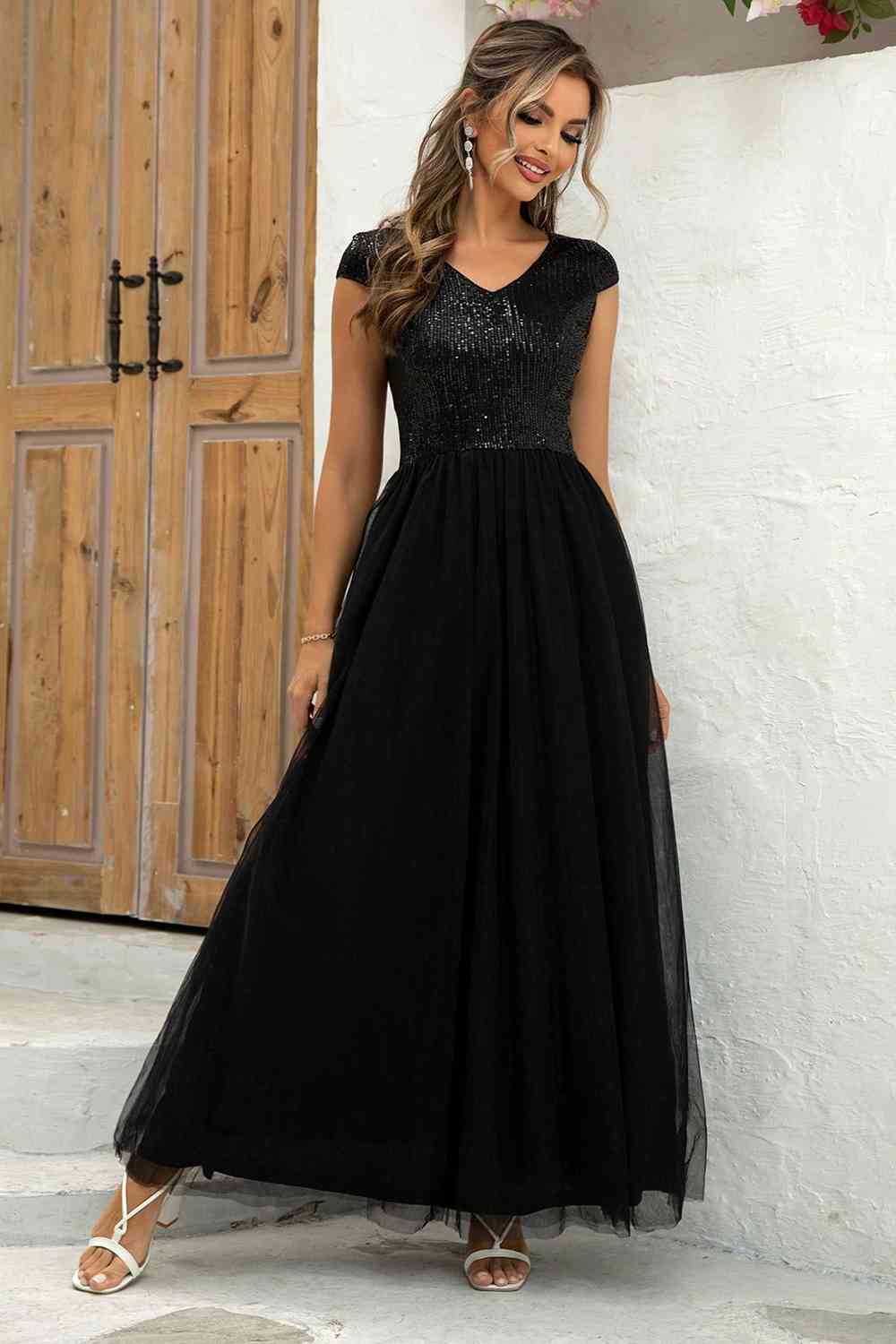 Sequin V-Neck Mesh Puffy Elegant Maxi Formal Party Dress