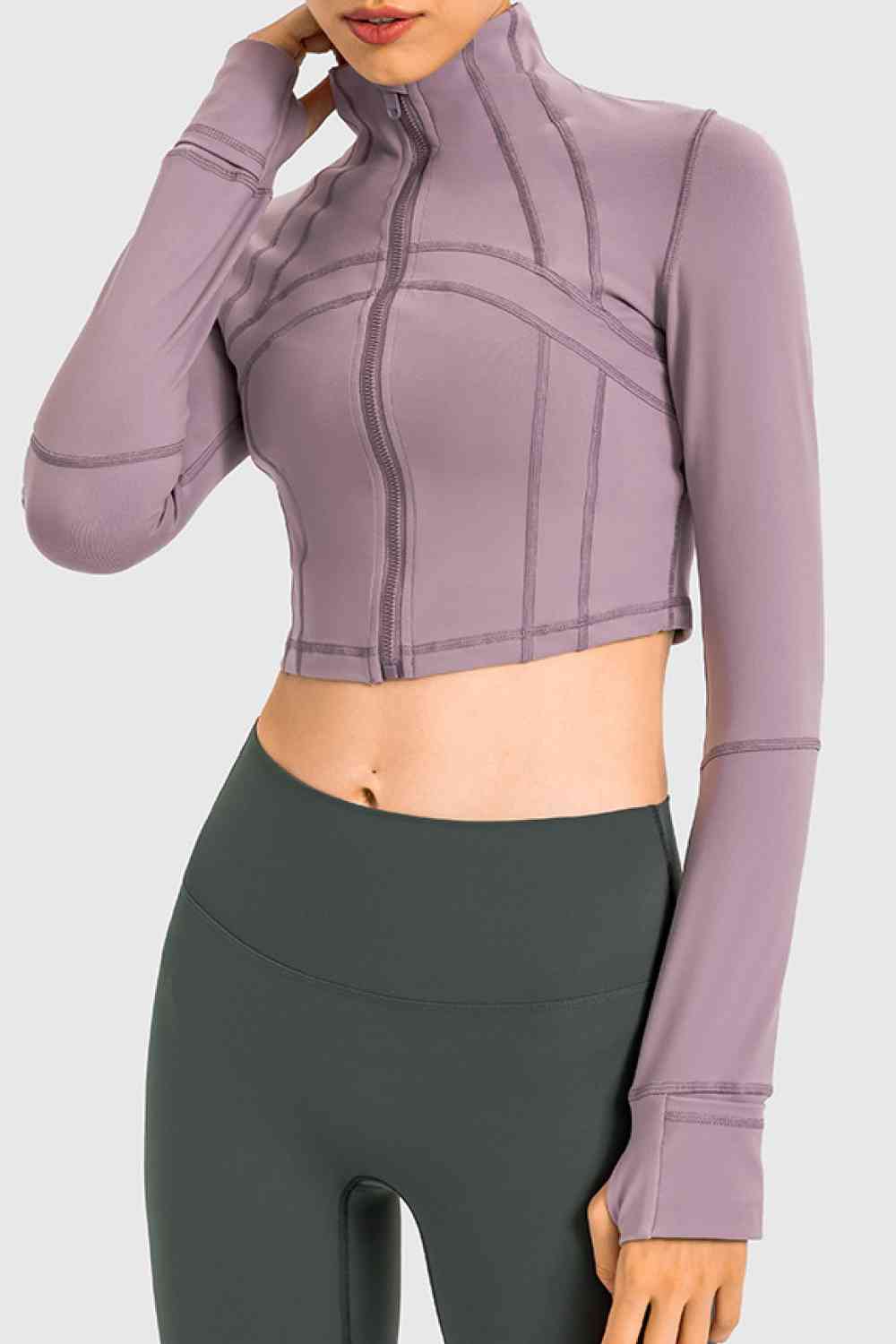 Womens Zip Front Cropped Sports Jacket with thumbhole Fashion Activewear Top