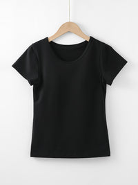 Round Neck Short Sleeve T-Shirt Built in Bra Women's Basic Activewear Top Casual Shirt Cotton Luxury Tee KESLEY