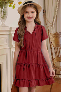 Girls Frilled Notched Neck Puff Sleeve Dress Kids Fashion and Clothing