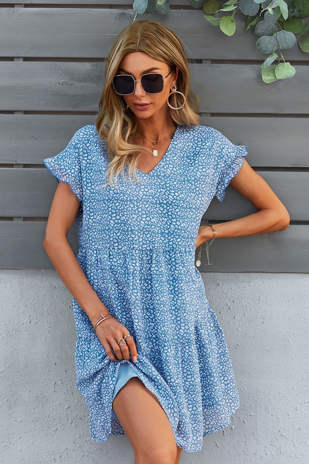 Printed V-Neck Short Sleeve Tiered Casual Dress