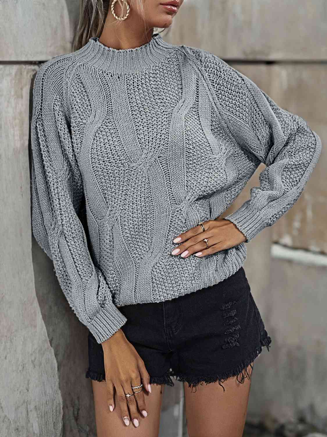 Women's Casual Grey Rib-Knit Mock Neck Sweater