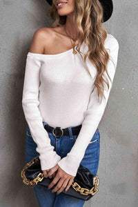 White One-Shoulder Sleeve Shirt Long Sleeve Ribbed Top