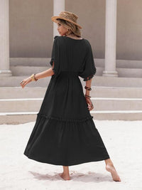 Tassel Trim Smocked V-Neck Short Sleeve Maxi Dress