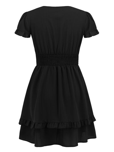 New Womens Tied V-Neck Tiered Ruffle Sexy Casual Short Sleeve Mini Dress