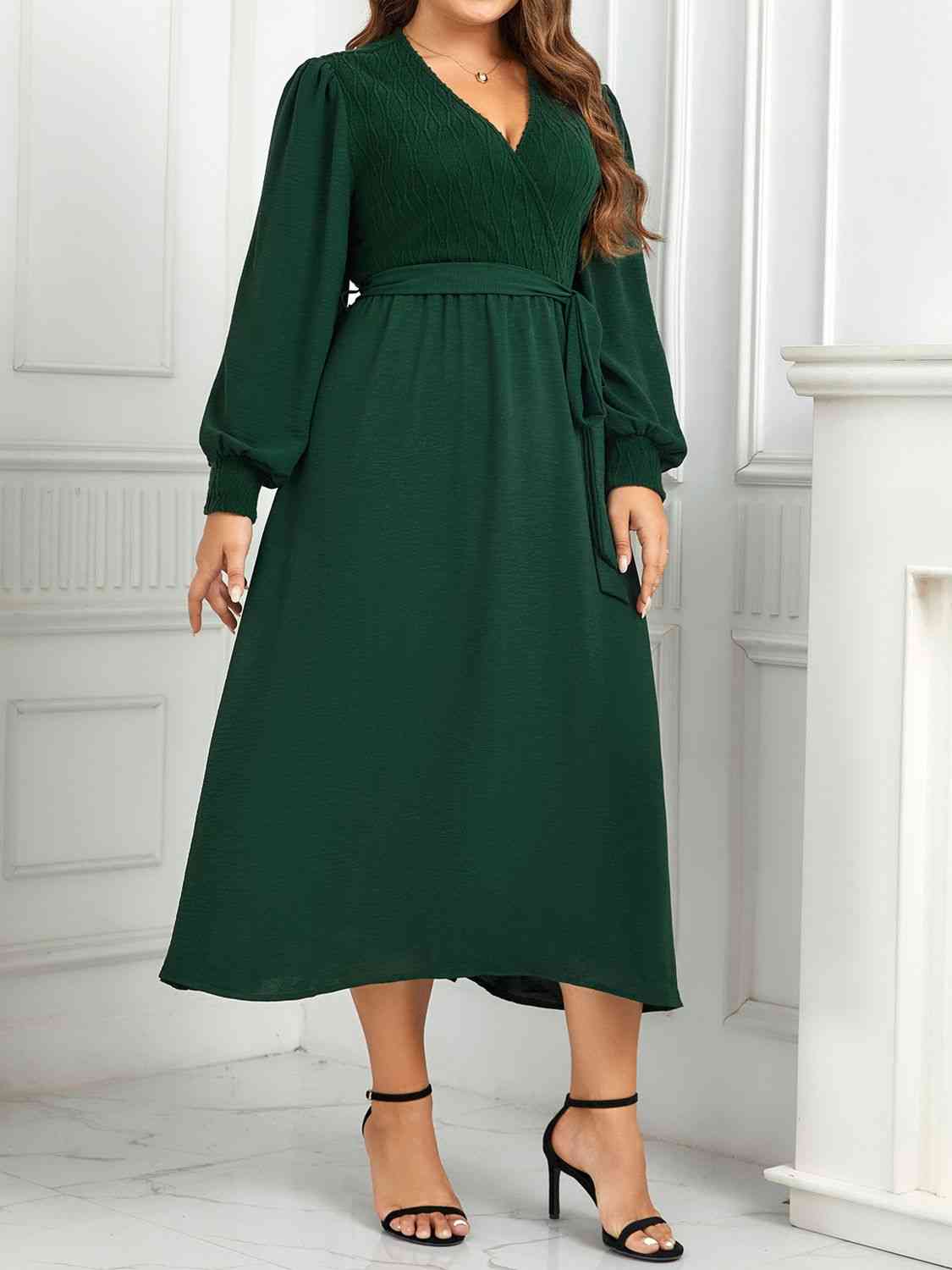 Plus Size Dress Green Surplice Neck Tie Waist Long Sleeve Midi Dress Casual Wear and Workwear