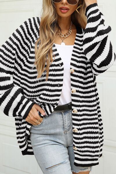 Striped Button Up Long Sleeve Cardigan Women’s Open Sweater