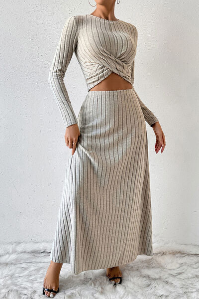 Ribbed Round Neck Top and Skirt Set Two Piece Outfit Sets womens Fashion