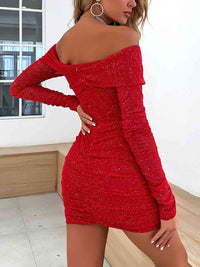 Red Off-Shoulder Ruched Red Long Sleeve Mini Dress