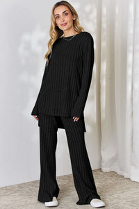 Matching Fashion Set  Ribbed High-Low Long Sleeve T-Shirt and Wide Leg Pants Set Casual Wear and Loungewear