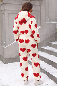 Fuzzy Heart Zip Up Hooded Lounge Pajama Adult Valentines Onesie Jumpsuit Fuzzy Pajamas