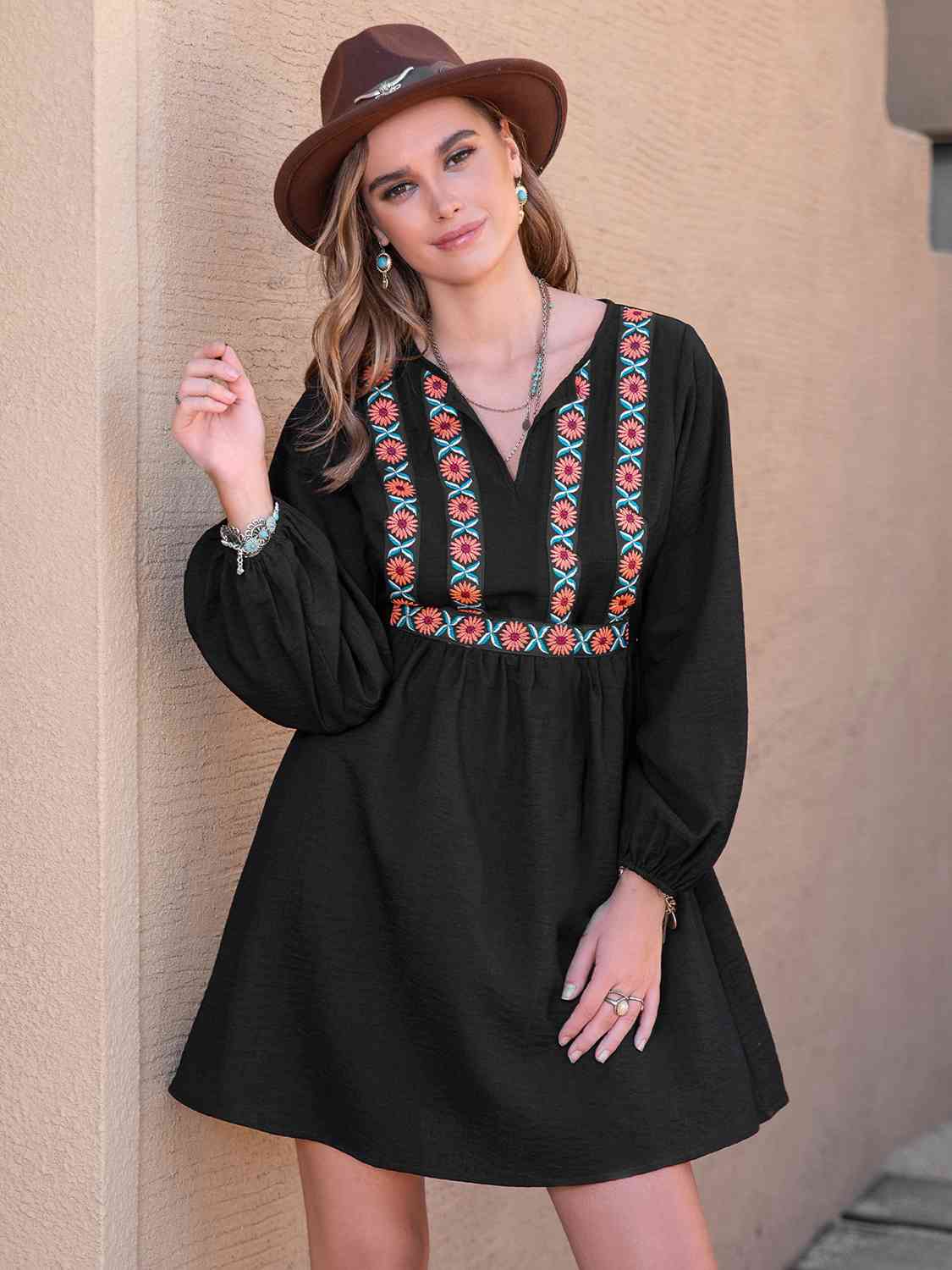 Boho Print Tunic Dress Women's Casual Notched Neck Long Sleeve Printed Mini Dress