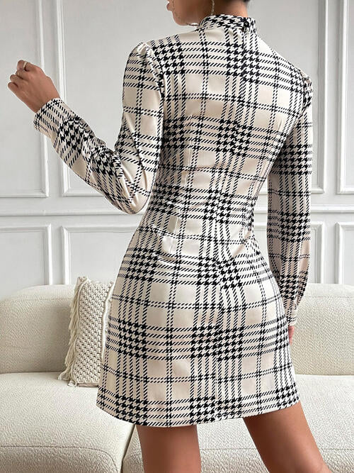 Houndstooth Mock Neck Cinched Casual Long Sleeve Mini Dress